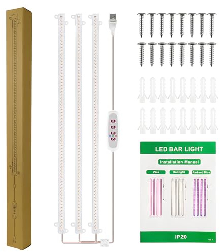 Sonew LED Plant Grow Light Strips, 8W 22.7lm Bright Grow Lamp with Timer, 5 Dimmable Brightness Growth Light for Green House Hydroponics (4 Bars) (3 Bars)