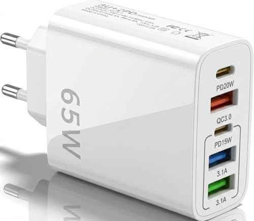 65W USB C Ladegerät 5 Ports Mehrfach Ladegerät mit USB-C und USB-A QC3.0 PD20W Schnellladegerät Mehrfach Ladestecker USB Netzteil für iPhone 15 14 13 12 11 Pro Max SE XS XR 8 7, Samsung, Handys