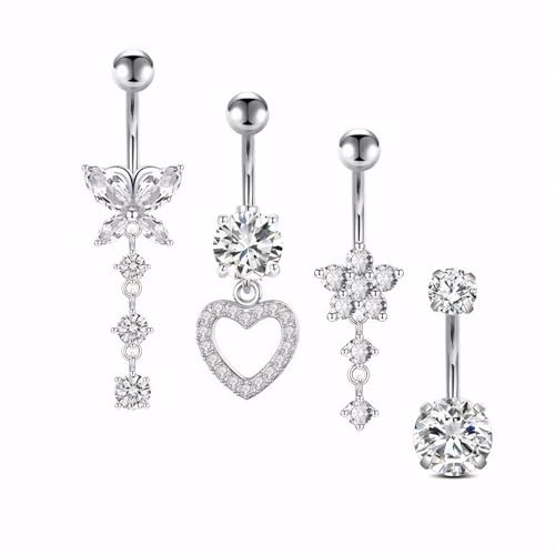 Cosmeria Lot de 4 faux piercings nombril, clips argentés ornés de zircons, idéal pour fêtes et usage quotidien