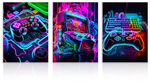 Dazzlewall 3 Stück Neon Gaming Wandbilder, Controller Gamepad Bilder, Videospiel Poster für Teenager Jungenzimmer Wohnheim Spielzimmer Deko 12x16 Zoll Ungerahmt