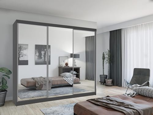 Krudox LUX Grau Schiebetürenschrank Kleiderschrank 250x216x62 cm mit Spiegel - Schlafzimmermöbel, Aufbewahrung – Mehrzweckschrank mit 2 Kleiderstangen und 3 Schubladen