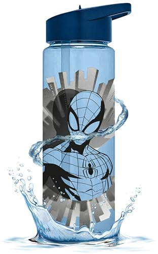 Marvel Spider-Man - Borraccia per bambini da 600 ml, con beccuccio ribaltabile, per viaggi o casa, in plastica, per bambini dai 3 anni in su, design a prova di perdite
