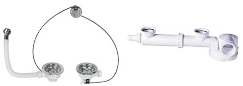 Wirquin lot de 2 pour évier 2 bacs : 1 bonde ø90 mm avec trop-plein et commande à câble + 1 siphon gain de place Espace avec tubulure de raccordement
