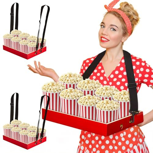Bonerwhite 2 Pcs Wooden Snack Trays with Strap Red Movie Night Party Usherette Serving Tray 15.7 x 11.8 x 2.2 Inch Wooden Popcorn Drink Beverage Carrier for 20's Theme Costume Accessory Prop