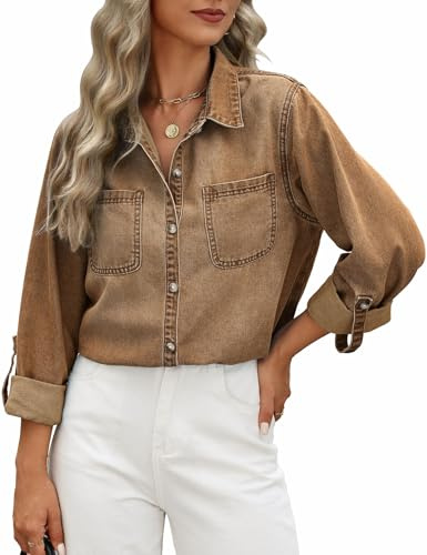 CMTOP Camisa Mujer Casual Manga Larga Vaqueras Blusas Elegantes Cuello en V Camiseta Cazadora con Botón Otoño Primavera Chaqueta Suelta Sobrecamisa T Shirts (Marrón, L)