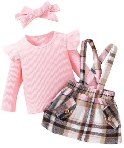 LUVCES Bambina Gonne Set Autunno Maniche Lunghe con Volant Coste Top + Bretelle a Quadri/Fiocco Abito + Fascia per Capelli 3Pcs Completo Bambine Abiti 3Pcs Rosa 6-12 Mesi