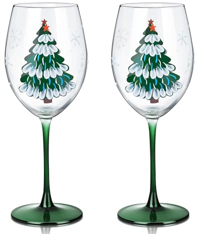 Joeyan Christmas Crystal Wine Glass Goblet, Hand Painted Stem Drinking Glasses for Red White Wine, Large Xmas Tree Snowflakes Decorations Patterned Glass Tumbler Cup Glassware Gifts, 580ML, Set of 2