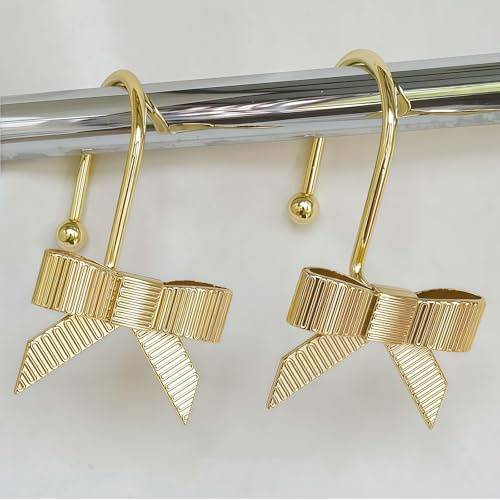AstraGlam 12PCS Gold Bow Shower Curtain Hooks Rust Proof, Shower Rings for Curtain, Metal Shower Curtain Hooks Decorative for Bathroom