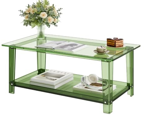 VEVOR Mesa Auxiliar de Acrílico de 2 Niveles con Estante, Mesita de Noche 50 x 80 x 40 cm Rectangular Carga de 50 kg, Verde Transparente, Mesa de Centro Estable para Sala de Estar, Oficina, Salón