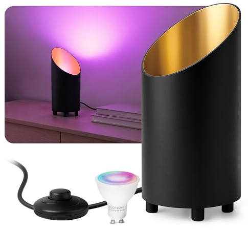 SSC-LUXon AUREVA Bodenlampe schwarz-gold Smart GU10 WLAN RGBW App Uplight | Uplight-Bodenspot schwarz-gold - per App & Alexa steuerbar, RGB-Farblicht, mit Fußschalter, für Wohnzimmer, inkl. GU10 LED