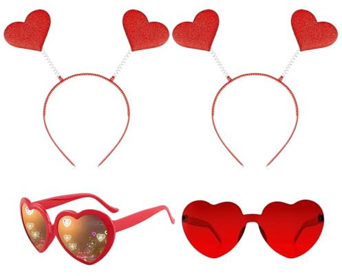 Czdtq 2 Sets Red Love Heart Headband Sunglasses Glasses, Valentines Day Headband Sequin Hair Band Love Heart, Heart Bopper Hairs Hoop, Valentine's Day Photo Booth Props Headwear Hair Accessories
