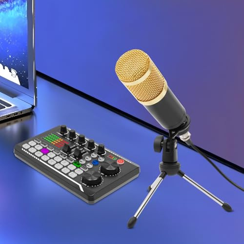 Repomanda,Podcast Mikrofon Set mit Kondensator-Mikrofon BM800 & F998 USB Soundkarte, All-in-One Audio-Mixer mit 8 Soundmodi & 16 Effekten für Live-Streaming,Gaming & Aufnahme, Inkl. Stativ & Kopfhörer