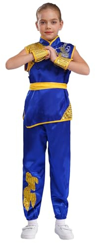 inlzdz Kids Boys Girls Satin Kung Fu Costume Short Sleeve Dragon Print Top With Pants Belt & Cuffs Blue 3-4 Years