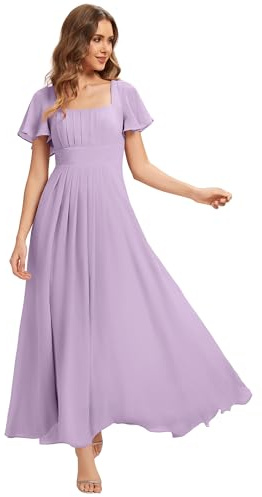 Ever-Pretty Women's Bridesmaid Dress Floor Length Chiffon Square Neck with Natural Waist and Short Sleeves Frosted Lilac 8