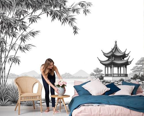 Papel Pintado Efecto 3D Bosque De Bambú Lago Salón Dormitorio - Sin adhesivo - Fotomural de Pared en Tejido No Tejido Decorativo Estilo De Pintura Con Tinta China Decoración de Pared 250x175cm