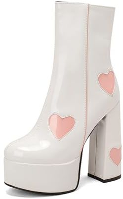 Platform Boots Dam, 14.5cm Super Hög Blockklack Platåstövletter med Hjärtmotiv, Lackläder Mid-Calf Gogo Stövlar i Svart, Rosa, Vit