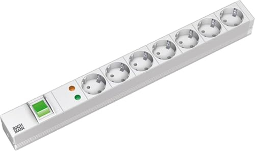 Bachmann Steckdosenleiste 19'' Zoll PDU 7-Fach mit Überspannungsschutz und Schalter 1HE 2m Kabel Mehrfachsteckdose für Serverschrank Rack Grau 333.405 (inkl. 2X Befestigungswinkel und Schrauben)