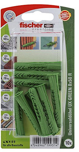 fischer 524806 8x50 R K, Inhalt: 10 x Universaldübel UX Green 8 x 50 R (mit Rand)