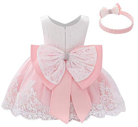 IMEKIS Abito da Bambina per Neonato Gonna Principessa in Tulle in Pizzo Abito da Cerimonia Matrimonio Bowknot Abito da Ballo da Sera Battesimo Festa di Compleanno Vestiti Rosa Pallido 9-12 Mesi