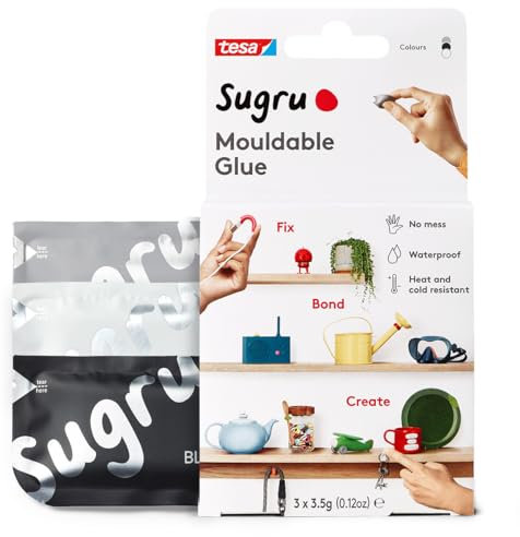 Sugru by tesa - Formbarer Allzweckkleber, 3er-Pack, 3 x 3,5 g, Schwarz, Weiß & Grau - vielseitige Klebeknete - zum Dekorieren, Kleben, Reparieren und für kreative DIY-Anwendungen