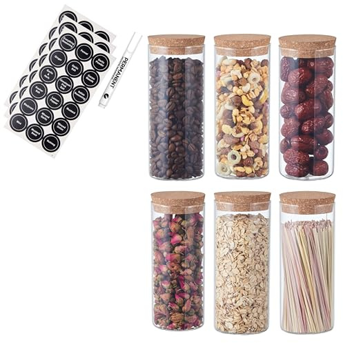 ORNAMI Small Glass Food Jar with Cork Lid and Airtight Sealing, Little Clear Canister Jar for Kitchen Storage, for Grains, Seeds, Salt, Pepper, Spices - Set of 6 (350ml)