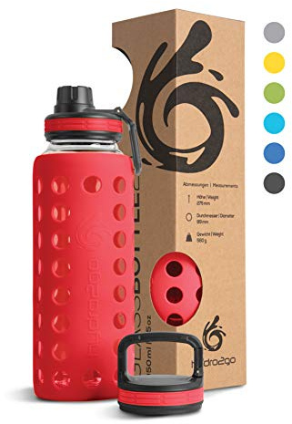 Hydro2Go Gourde en Verre 950 ML avec Couvercle Silicone – Va au Lave-Vaisselle, 2 couvercles interchangeables, 100% étanche | Gourde avec paille