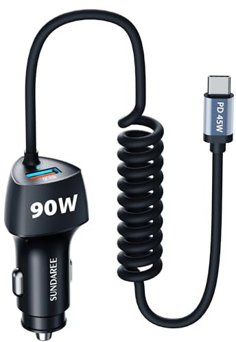 SUNDAREE Auto Ladegerät USB C Kabel,90W 12V 24V Kfz Handyladegeräte PD Typ C Schnellladen 1.8M Spiral Einziehbares Ladekabel Zigarettenanzünder Adapter für Samsung A56/iPhone 17/Redmi Note 15/MacBook