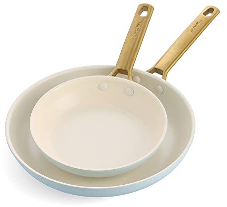 GreenPan Reserve Hard Anodized Healthy Ceramic Nonstick 20 cm and 26 cm Frying Pan Skillet Set, Gold Handle, PFAS-Free, Induction Suitable, Oven Safe, Light Blue