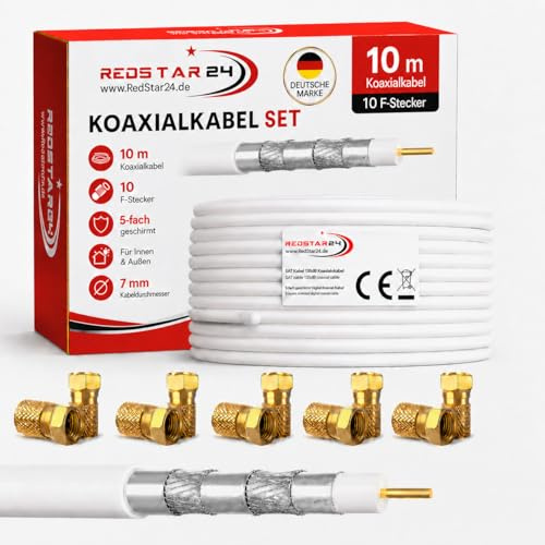 RedStar24 10m Koaxial SAT Kabel 135dB Digital Antennenkabel 5-Fach geschirmt für Ultra HD 4K DVB-S / S2 DVB-C/C2 und DVB-T BK Anlagen | Koaxialkabel Weiß inkl. 10 vergoldete F-Stecker (Weiß, 10m)