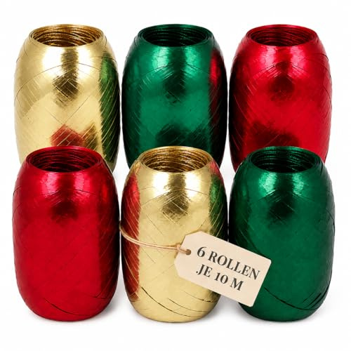Set Ringelband Polyband Geschenk-Band Geschenkschleifen zum Basteln und Verpacken - glänzend & matt sortiert (gold - rot - grün, 6 Rollen Geschenkband je 10m)