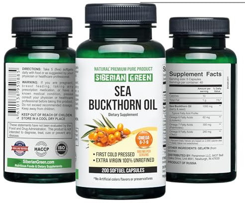 Capsules d'huile d'argousier de Sibérie 200 gélules | à partir de baies d'argousier de Sibérie récoltées à l'état sauvage | Huile pressée à froid non raffinée sans gluten sans OGM Premium Omega 7