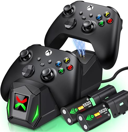 Estación de carga de controlador con 2 paquetes de baterías recargables de 5520 mWh para Xbox One/X/S/Elite/Xbox Series X|S, estación de carga de alta velocidad con 4 cubiertas de baterías para Xbox