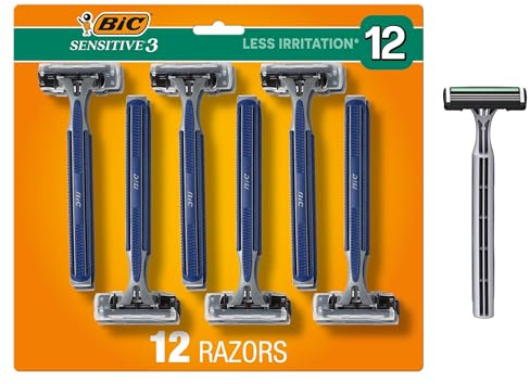 BIC Sensitive 3 Disposable Razors for Men With 3 Blades for Sensitive Skin, 12 Count Value Pack of Shaving Razors