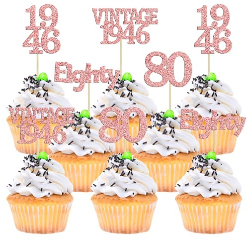 Gyufise 24Pcs 80th Birthday Cupcake Toppers Glitter Cheers to 80 Fabulous Eighty Vintage 1946 Cupcake Picks 80th Birthday Wedding Anniversary Party Cake Decorations Supplies Rose Gold