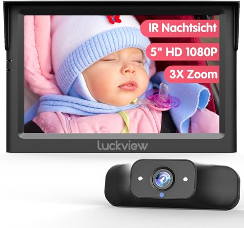 Luckview Baby Auto Spiegel mit 5 1080P HD Bildschirm und IR Nachtsicht, Baby Kamera Auto Rücksitz mit 3X Zoom, 360° Drehbar, Einfache Installation Rücksitzkamera Display