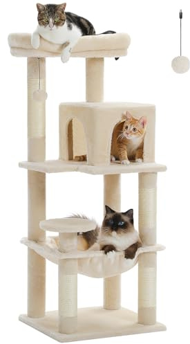 PAWZ Road Katträd med metall-plyschhängmatta, katttorn för vuxna katter med 2-dörrars Condo-hus, katthyllor med 6 nivåer med klöspålar, stor övre sittstång, beige, 116 cm