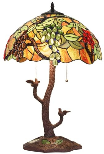 Bieye L30765 Grape Tiffany Style Stained Glass Table Lamp with Tree Trunk Mosaic Base for Living Room Bedside Home Decoration, 24-inches Tall