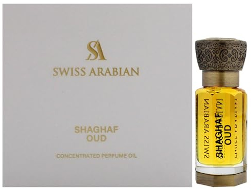 Swiss Arabian Shaghaf Oud - Luxurious Concentrated Perfume Oil - Long Lasting Artisan Perfume with Notes of Saffron, Praline, and Vanilla - 0.4 oz