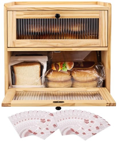 Alpeir Double Layer Large Bread Box for Kitchen Counter, Wooden Corner Bread Storage Container with Acrylic Window, Original, MT-BRD004