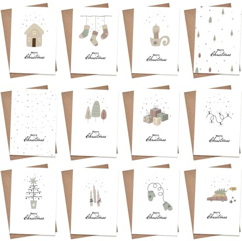 FiveMileBro Lot de 12 cartes de noël, joyeux noël cartes de vœux avec enveloppe – 12 motifs, simple et élégante cartes de voeux noël, carte postale noel, carte joyeux noel pour noël nouvel (B)