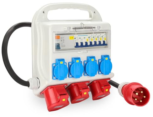 Tubiaz Distributore di corrente da costruzione 32a, distributore di corrente 4 x 230 V, 2 x 16 A, 1 x 32 A, 400 V, CEE, con interruttore FI LS, distributore di corrente IP44 con coperchi di sicurezza