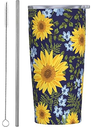 Vasos personalizados, tazas de acero inoxidable personalizadas de 20 onzas, taza de café de viaje aislada con tapa y botella de agua con pajilla, regalo personalizado para familiares y amigos, girasol