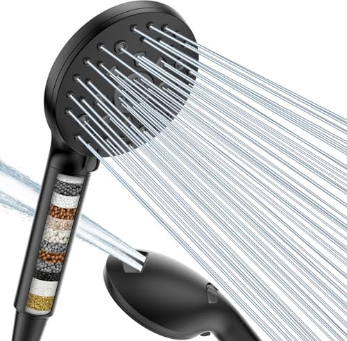 Digiroot Hard Water Filter Shower Head, 15 Stage Shower Filter, 7 Spray Modes High Pressure Shower Heads and 1.5M Hose, Universal Handheld Filtered Shower Head for Remove Residual Chlorine - Black