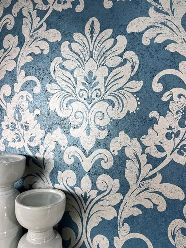 NEWROOM Tapete Blau Vliestapete Ornamente - Barocktapete Vintage Petrol Silber Metallic Glanz Glanztapete Glamour Elegant Antik inkl. Tapezier-Ratgeber