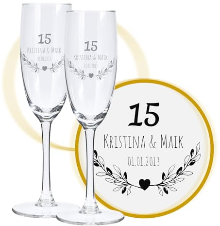 LALALO Sektglas mit Gravur 15. Hochzeitstag (2 St.), Kristall-Hochzeit Sektgläser Geschenk personalisiert/graviert, Jahrestag (Herzverzaubert)