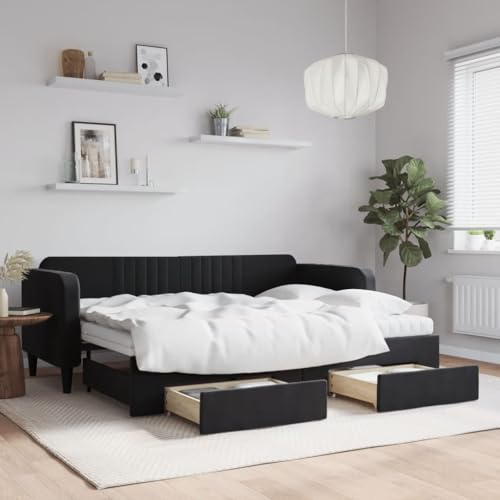 ZQQLVOO Bed Frame Lattenrost Palettenbett Bodenbett Tagesbett Ausziehbar mit Schubladen Schwarz 80x200 cm Samt