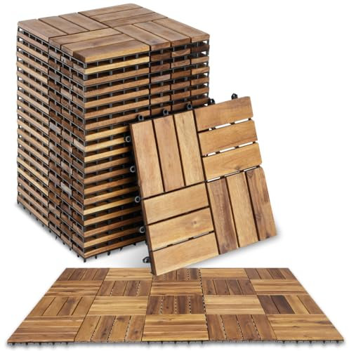 tectake® Set di 20 Piastrelle in Legno di Acacia per Esterno, 12 Doghe Ciascuna, Design a Mosaico, Sistema a Clic, Pavimento per Terrazza e Giardino, Piastrelle per Giardino