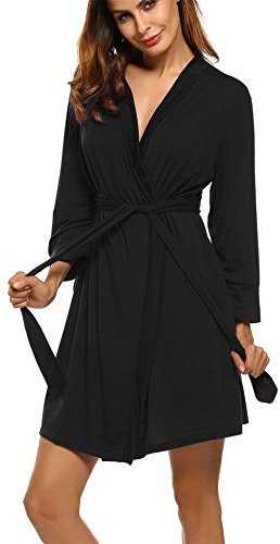 Ekouaer Damen Morgenmantel Kurz aus Baumwolle Dünn 3/4 Ärmel Bademantel Kimono Saunamantel Robe Negligee Mit V-Ausschnitt Sommer Schwarz M
