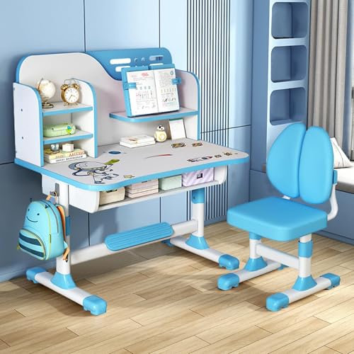Bigougem Kinder Tisch Stuhl Set, kinderschreibtisch höhenverstellbar, Kinder Schreibtisch für Jungs & Mädchen, Schreibtisch Set für Kinder mit Stuhl und Schublade (Blau B)