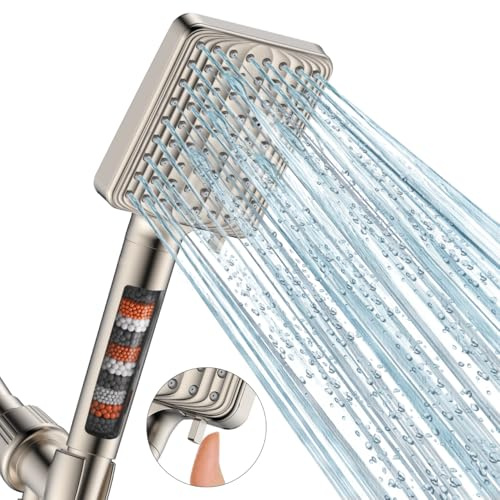 Filtered Shower Head - 6 Modes High Pressure Handheld Shower Head with Filter Mineral Beads, Detachable Handheld Showerhead Set with Stainless Steel Hose and Shower Arm Bracket (Brushed Nickel)